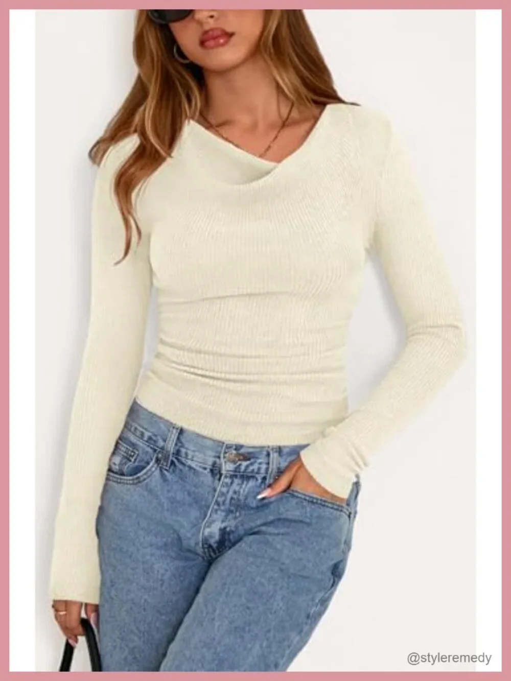 Long Sleeve Cowl Neck Ribbed Knit Crop Top Ruched T-Shirt